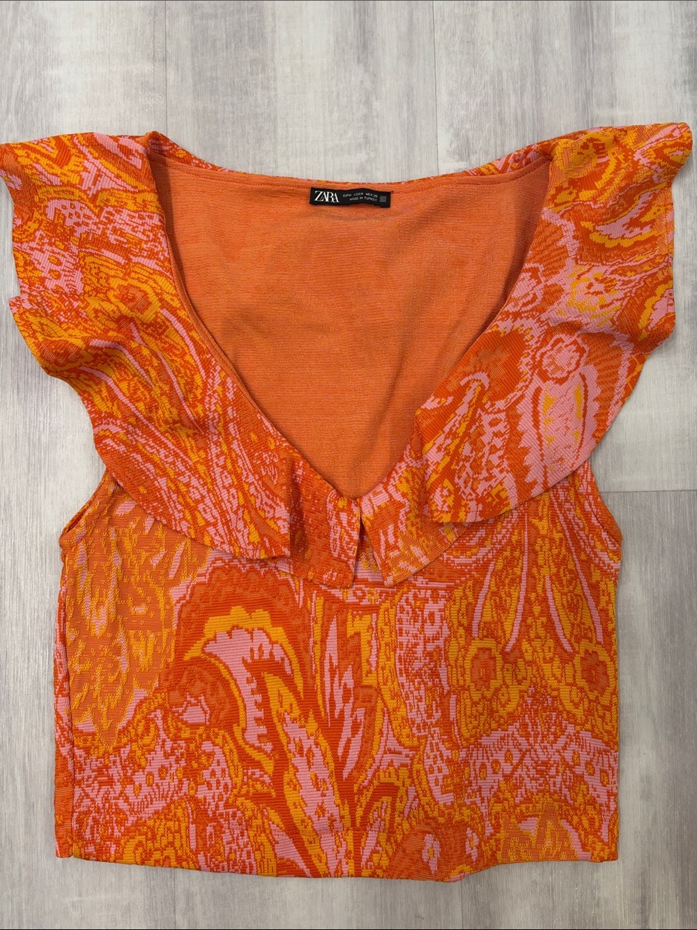 Zara Orange and Pink Paisley Ruffle V-Neck Crop Top Medium